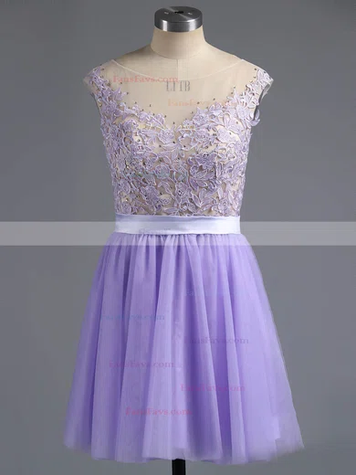 A-line Scoop Neck Satin Tulle Short/Mini Appliques Lace Homecoming Dresses #Favs02016005