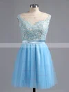 A-line Scoop Neck Satin Tulle Short/Mini Appliques Lace Homecoming Dresses #Favs02016005