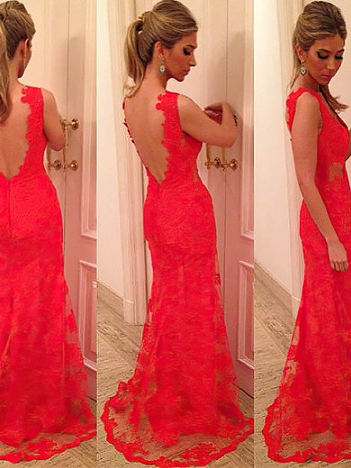 Trumpet/Mermaid V-neck Sweep Train Lace Prom Dresses with Appliques Lace #Favs02014905