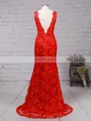 Trumpet/Mermaid V-neck Sweep Train Lace Prom Dresses with Appliques Lace #Favs02014905