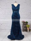 Trumpet/Mermaid V-neck Sweep Train Lace Prom Dresses with Appliques Lace #Favs02014905
