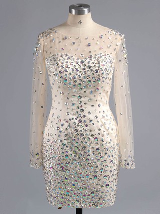 Sheath/Column Scoop Neck Satin Tulle Short/Mini Beading Homecoming Dresses #Favs02016332