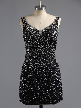 Sheath/Column V-neck Satin Tulle Short/Mini Beading Homecoming Dresses #Favs02017081