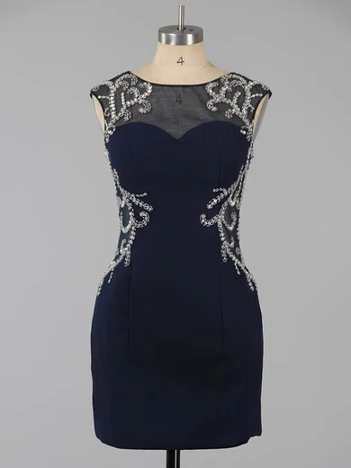 Dark Navy Sheath/Column Scoop Neck Silk-like Satin Short/Mini Beading Open Back Homecoming Dresses #Favs020101761