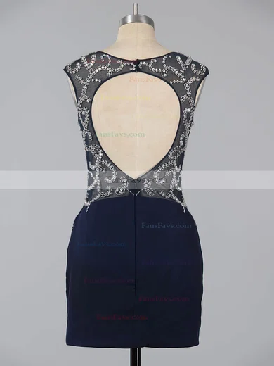 Dark Navy Sheath/Column Scoop Neck Silk-like Satin Short/Mini Beading Open Back Homecoming Dresses #Favs020101761