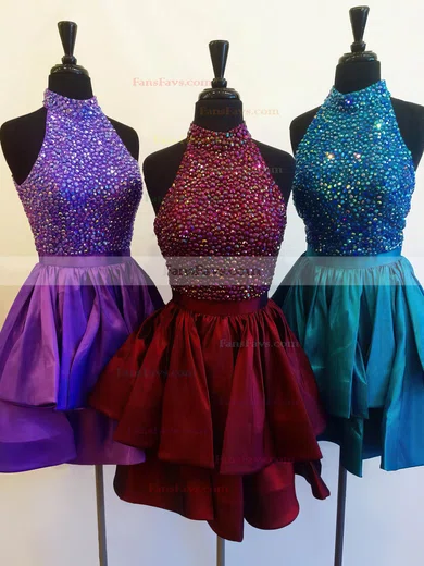 A-line High Neck Taffeta Short/Mini Beading New Arrival Prom Dresses #Favs020103470