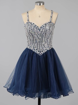 Beautiful A-line Sweetheart Tulle Short/Mini Beading Dark Navy Homecoming Dresses #Favs020101149