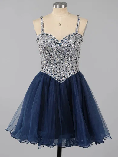 Beautiful A-line Sweetheart Tulle Short/Mini Beading Dark Navy Homecoming Dresses #Favs020101149