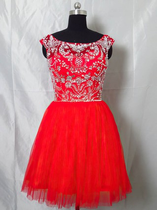 Short/Mini Scoop Neck Tulle Beading Open Back Red Prom Dresses #Favs020101404