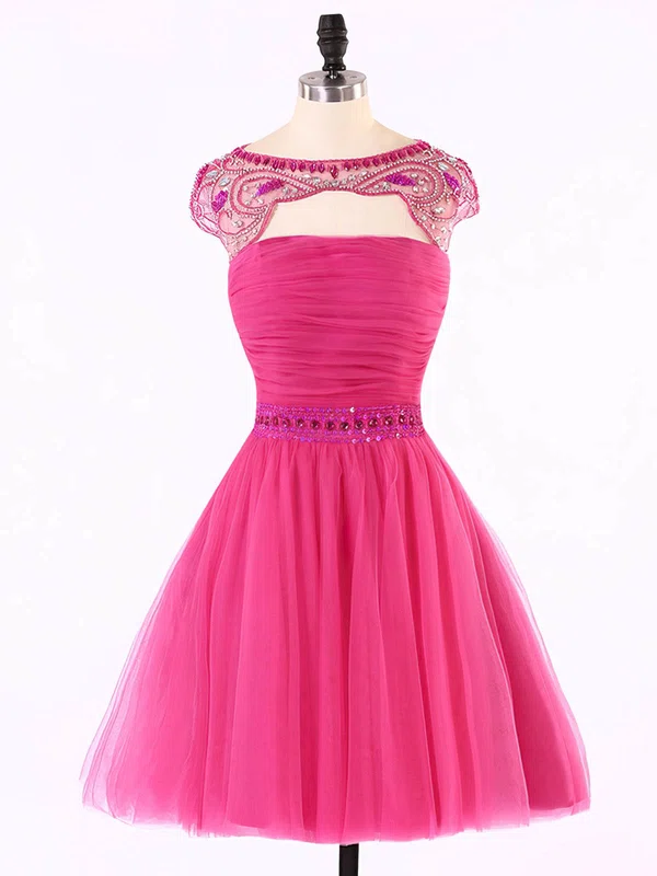 Scoop Neck Cap Straps Tulle with Beading Open Back Short/Mini Prom Dresses #Favs020101624