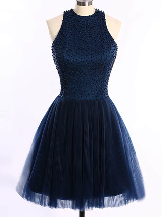 Short/Mini Scoop Neck Dark Navy Tulle Pearl Detailing Open Back Prom Dresses #Favs020101654