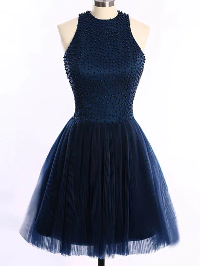 Short/Mini Scoop Neck Dark Navy Tulle Pearl Detailing Open Back Prom Dresses #Favs020101654