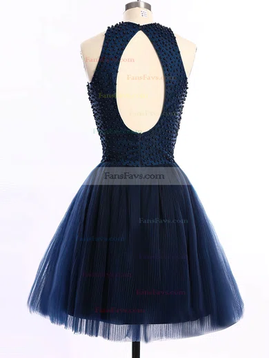 Short/Mini Scoop Neck Dark Navy Tulle Pearl Detailing Open Back Prom Dresses #Favs020101654