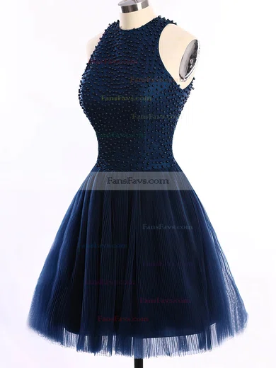 Short/Mini Scoop Neck Dark Navy Tulle Pearl Detailing Open Back Prom Dresses #Favs020101654