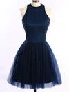 Short/Mini Scoop Neck Dark Navy Tulle Pearl Detailing Open Back Prom Dresses #Favs020101654