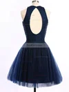 Short/Mini Scoop Neck Dark Navy Tulle Pearl Detailing Open Back Prom Dresses #Favs020101654