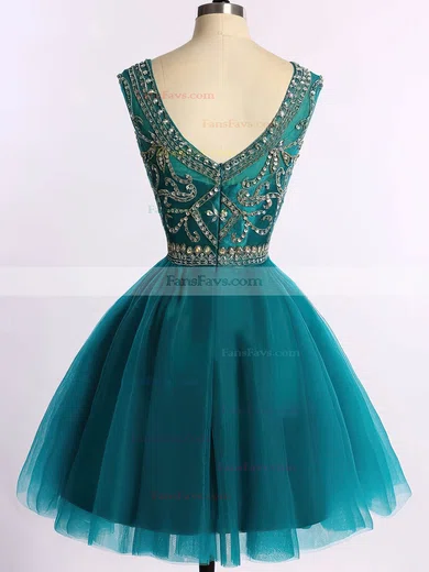 Scoop Neck Sparkly Dark Green Tulle Beading Short/Mini Prom Dress #Favs020101675