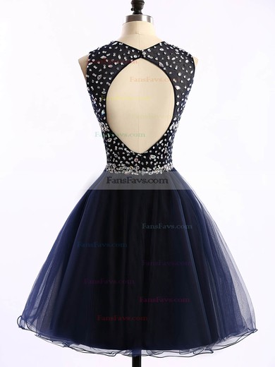 Short/Mini Scoop Neck Dark Navy Tulle Crystal Detailing Open Back Prom Dress #Favs020101677