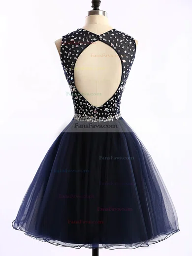 Short/Mini Scoop Neck Dark Navy Tulle Crystal Detailing Open Back Prom Dress #Favs020101677
