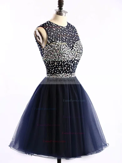 Short/Mini Scoop Neck Dark Navy Tulle Crystal Detailing Open Back Prom Dress #Favs020101677