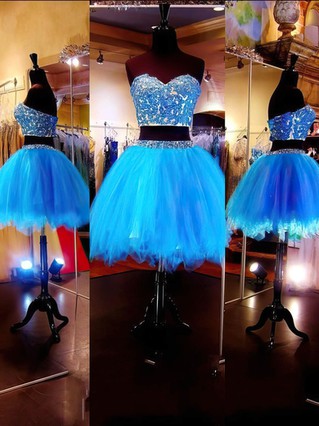 Two-pieces Sweetheart Tulle Short/Mini Beading Blue Prom Dresses #Favs020101803 Two-pieces Sweetheart Tulle Short/Mini Beading Blue Prom Dresses #Favs020101803