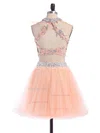 Two Piece Scoop Neck Open Back Tulle Appliques Lace Short/Mini Prom Dress #Favs020102152
