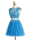 Pretty A-line Scoop Neck Tulle Short/Mini Appliques Lace Two Piece Prom Dresses #Favs020102431