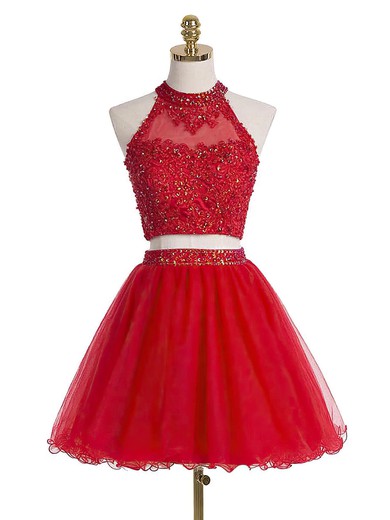 A-line High Neck Tulle Short/Mini Sequins Homecoming Dresses #Favs020102432