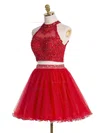 A-line High Neck Tulle Short/Mini Sequins Homecoming Dresses #Favs020102432