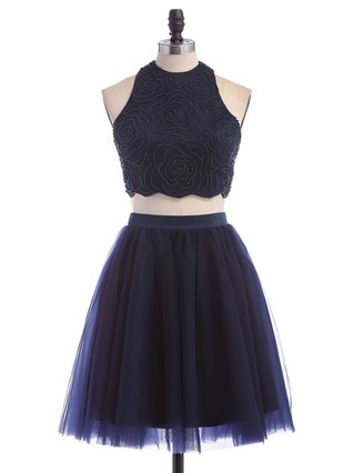A-line Scoop Neck Tulle Short/Mini Beading Dark Navy Two Piece Prom Dress #Favs020102465 A-line Scoop Neck Tulle Short/Mini Beading Dark Navy Two Piece Prom Dress #Favs020102465