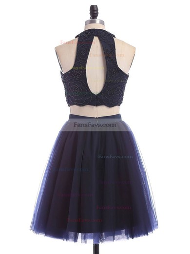A-line Scoop Neck Tulle Short/Mini Beading Dark Navy Two Piece Prom Dress #Favs020102465