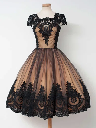 Ball Gown Square Neckline Tulle Knee-length Appliques Lace Prom Dresses #Favs020102564