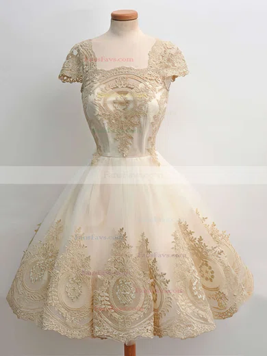 Ball Gown Square Neckline Tulle Knee-length Appliques Lace Prom Dresses #Favs020102564