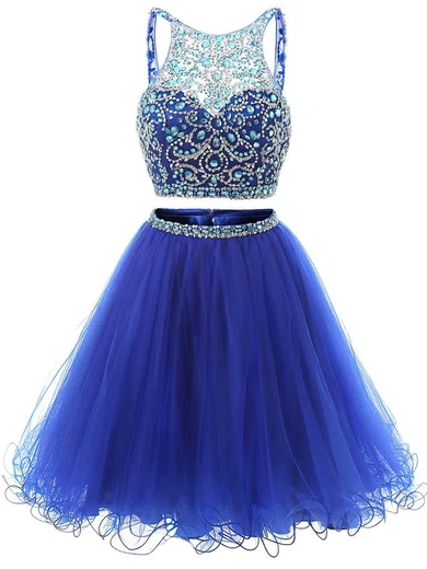 Two Piece Short/Mini A-line Scoop Neck Tulle Beading Royal Blue Backless Prom Dress #Favs020102726