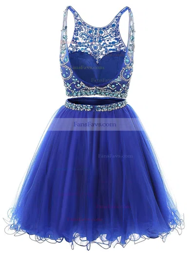 Two Piece Short/Mini A-line Scoop Neck Tulle Beading Royal Blue Backless Prom Dress #Favs020102726
