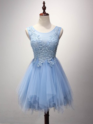 Cute A-line Scoop Neck Tulle Short/Mini Pearl Detailing Prom Dresses #Favs020102909