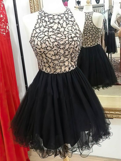 A-line Scoop Neck Tulle Short/Mini Beading Black Glamorous Prom Dresses #Favs020103024