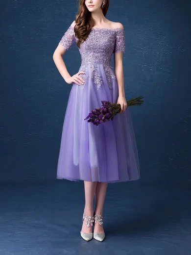 Nice A-line Off-the-shoulder Tulle Tea-length Appliques Lace Short Sleeve Prom Dresses #Favs020103701