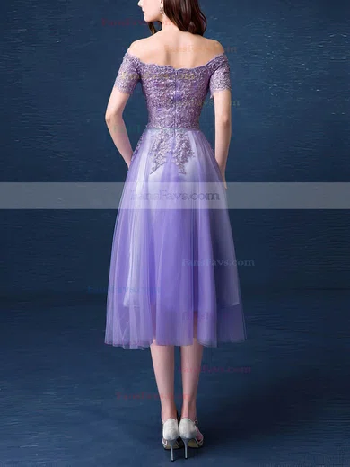 Nice A-line Off-the-shoulder Tulle Tea-length Appliques Lace Short Sleeve Prom Dresses #Favs020103701