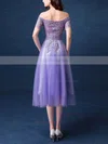 Nice A-line Off-the-shoulder Tulle Tea-length Appliques Lace Short Sleeve Prom Dresses #Favs020103701