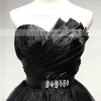 A-line Sweetheart Tulle Short/Mini Sashes / Ribbons Black Girls Prom Dresses #Favs020103728