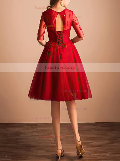 Online A-line Scoop Neck Tulle Knee-length Sashes / Ribbons Red 1/2 Sleeve Prom Dresses #Favs020103757