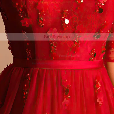 Online A-line Scoop Neck Tulle Knee-length Sashes / Ribbons Red 1/2 Sleeve Prom Dresses #Favs020103757