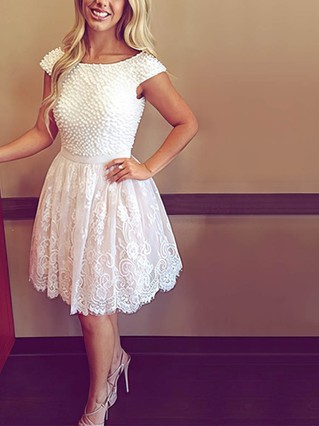 A-line Scoop Neck Tulle Short/Mini with Pearl Detailing Prom Dresses #Favs020104127