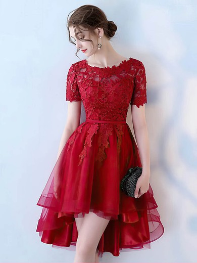 A-line Scoop Neck Tulle Asymmetrical Appliques Lace Prom Dresses #Favs020105383