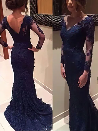 Dark Navy Lace V-neck Trumpet/Mermaid New Long Sleeves Prom Dress #Favs02019085
