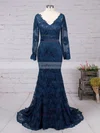 Dark Navy Lace V-neck Trumpet/Mermaid New Long Sleeves Prom Dress #Favs02019085