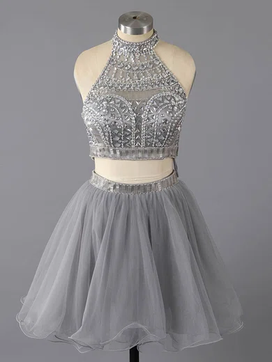 A-line High Neck Short/Mini Tulle Prom Dresses with Ruffle #Favs02016369