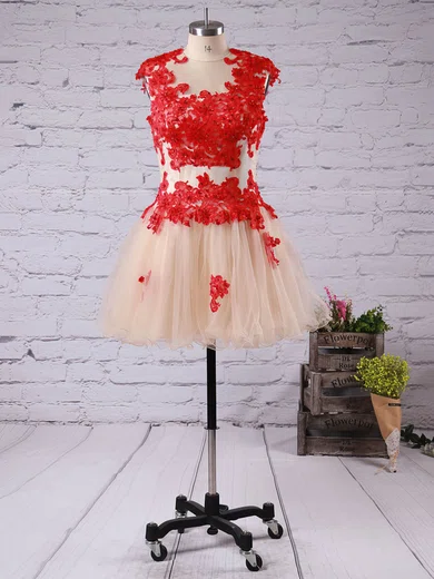 A-line Scoop Neck Short/Mini Tulle Prom Dresses with Appliques Lace #Favs02017247