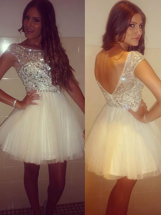Short/Mini Open Back Ivory Tulle Scoop Neck Crystal Prom Dress #Favs02018983